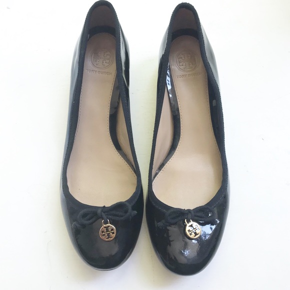 Tory Burch Shoes - TORY BURCH Patent Black Block Heel Bow Gold Logo